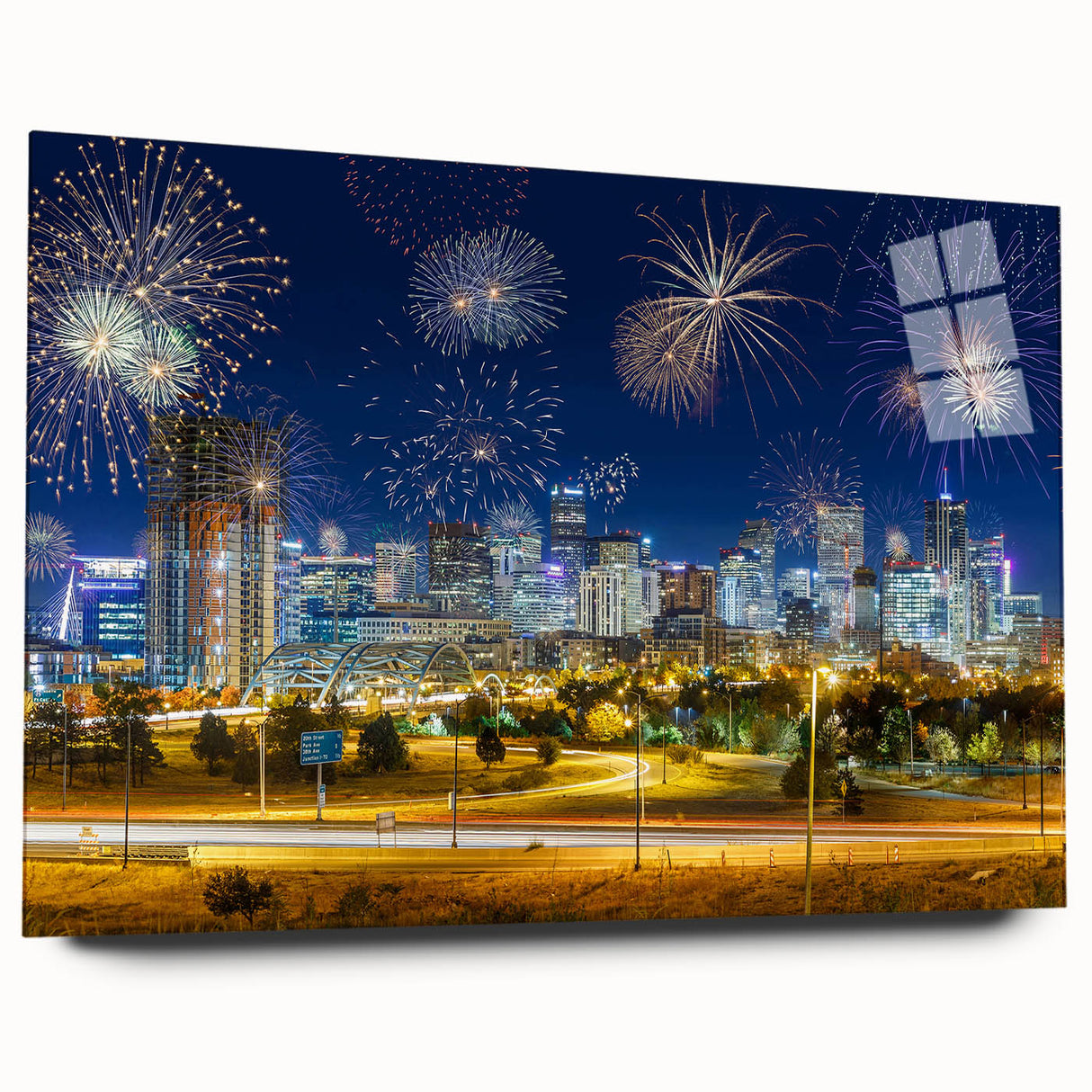 Large abstract depiction of Denver skyline in blue and gray hues on acrylic glass, suitable for bedroom or dining room art.