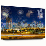 Large abstract depiction of Denver skyline in blue and gray hues on acrylic glass, suitable for bedroom or dining room art.