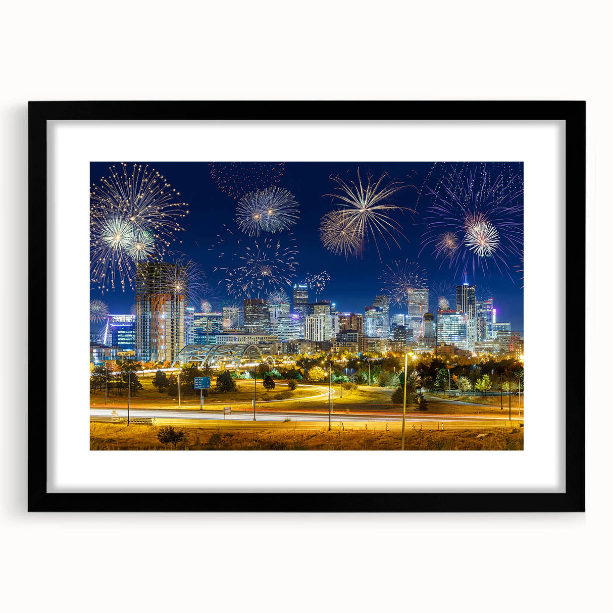 Extra large abstract art print featuring a textured, colorful depiction of the Denver skyline on a black framed canvas.