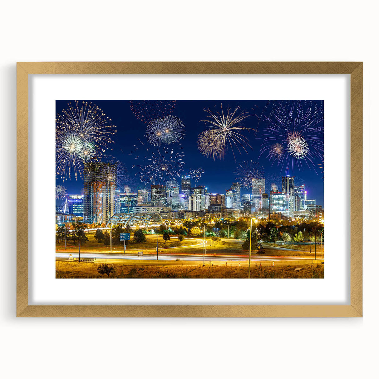 Extra large abstract art print of Denver skyline with textured gold frame, in muted earth tones.