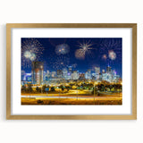 Extra large abstract art print of Denver skyline with textured gold frame, in muted earth tones.
