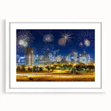 Abstract art print of Denver skyline in muted gray and blue tones on a framed white mat, ideal for dining room decor.