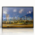 Large abstract wall art featuring a modernist Denver cityscape in muted gray and blue tones on a framed acrylic panel.