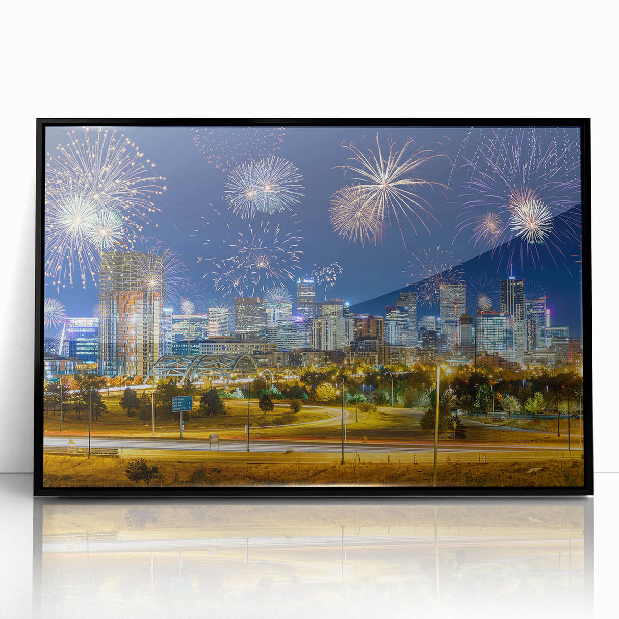 Large abstract wall art featuring a modernist Denver cityscape in muted gray and blue tones on a framed acrylic panel.