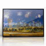 Large abstract wall art featuring a modernist Denver cityscape in muted gray and blue tones on a framed acrylic panel.