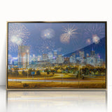 Large art print of Denver skyline in mid-century modernist style on framed acrylic, featuring gold and blue tones.