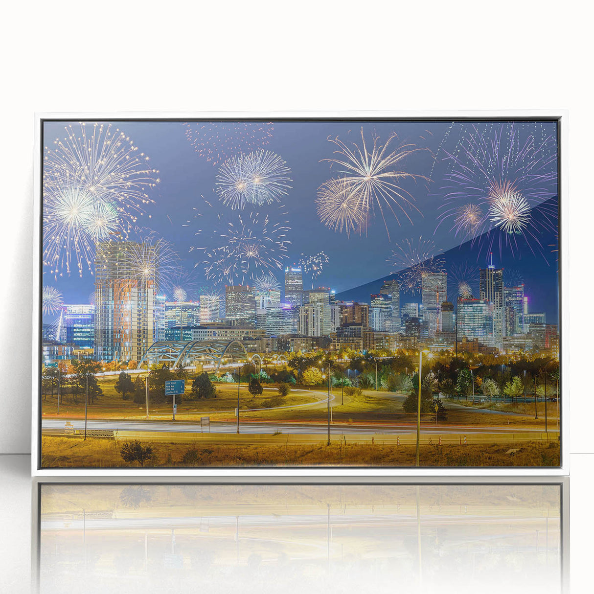 Acrylic print of Denver skyline in pastel shades, framed in white, suitable for modern nursery decor.
