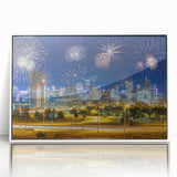 Acrylic print of Denver skyline in pastel shades, framed in white, suitable for modern nursery decor.