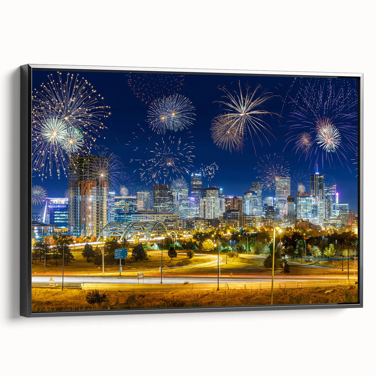 Black and white framed canvas of Denver landscape, ideal for bedroom wall art.