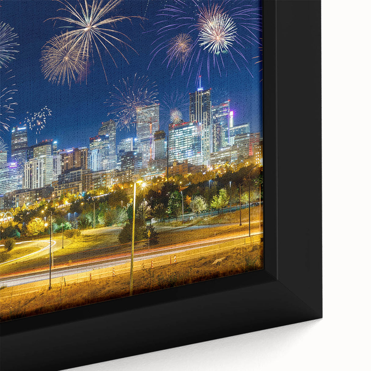 Framed canvas of Denver skyline in textured black with colorful accents, ideal for living room decor.