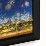 Framed canvas of Denver skyline in textured black with colorful accents, ideal for living room decor.