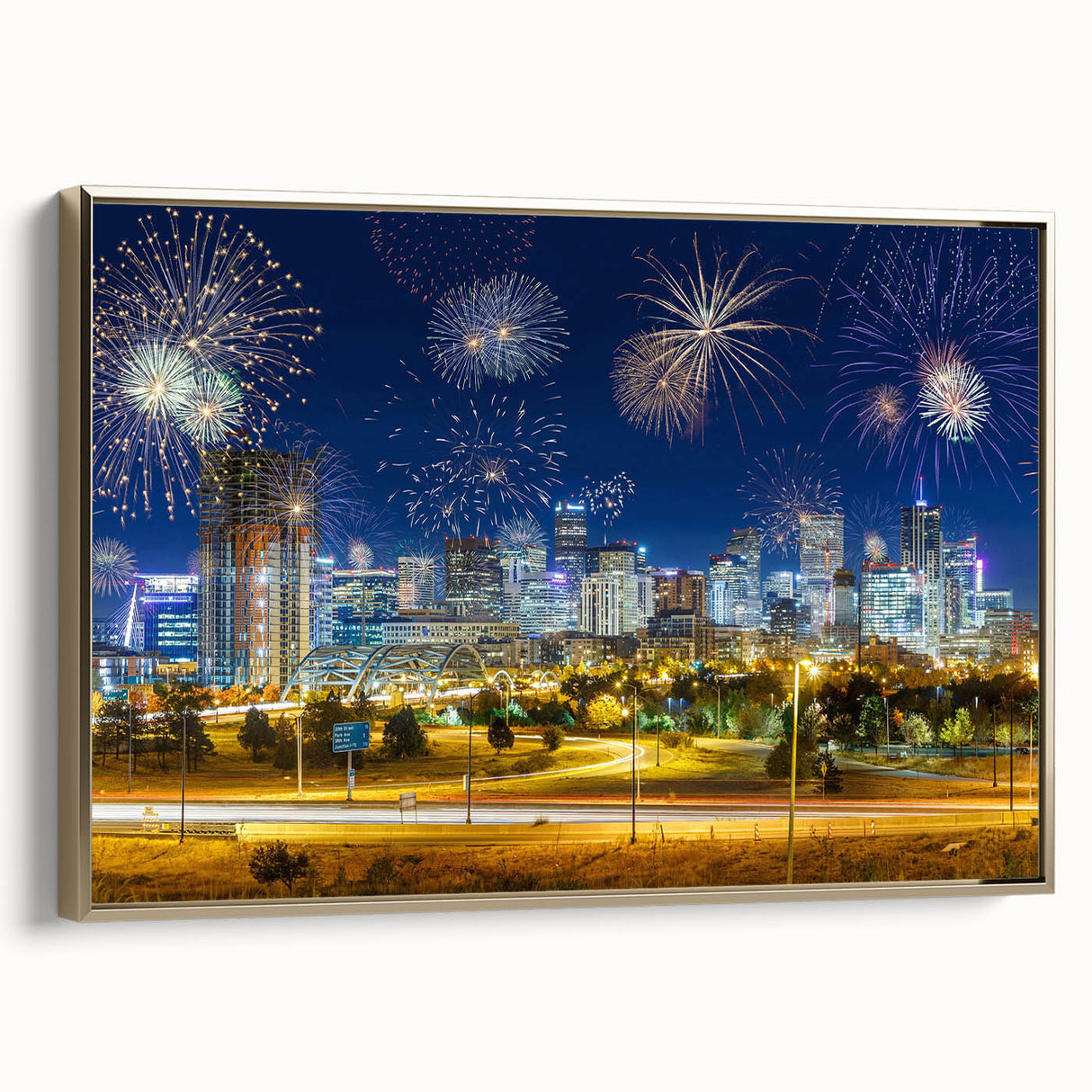 Framed canvas depicting a vintage-style Denver landscape in muted gold and black tones, ideal for bedroom wall art.