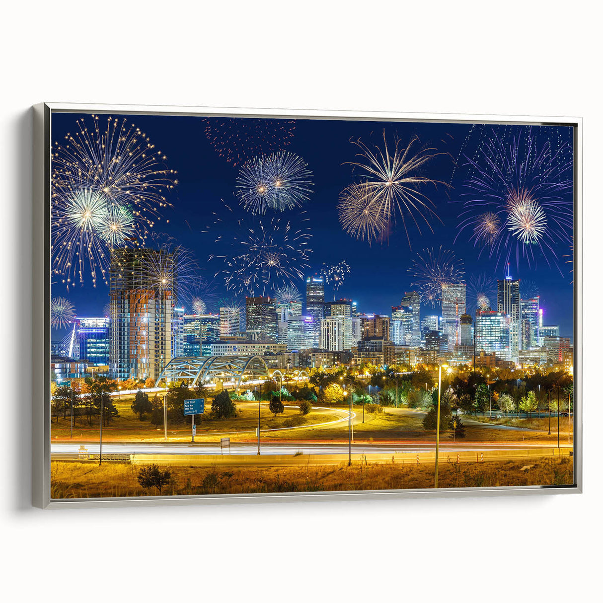 Framed canvas featuring a colorful landscape painting of Denver, ideal for enhancing a living room or office decor.