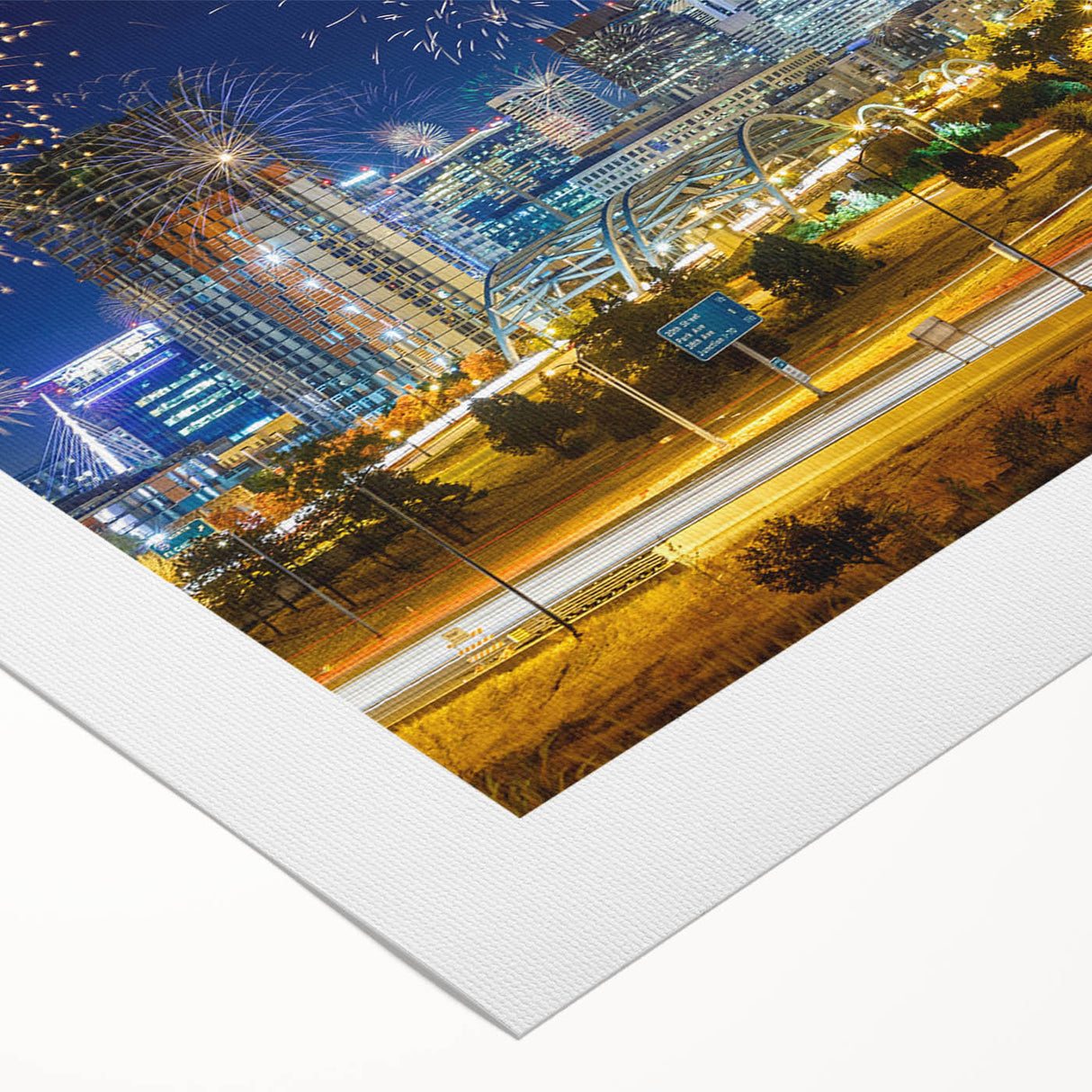 Art deco poster featuring Denver skyline in muted gold and navy tones on rolled canvas, suitable for dining room decor.