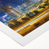 Art deco poster featuring Denver skyline in muted gold and navy tones on rolled canvas, suitable for dining room decor.