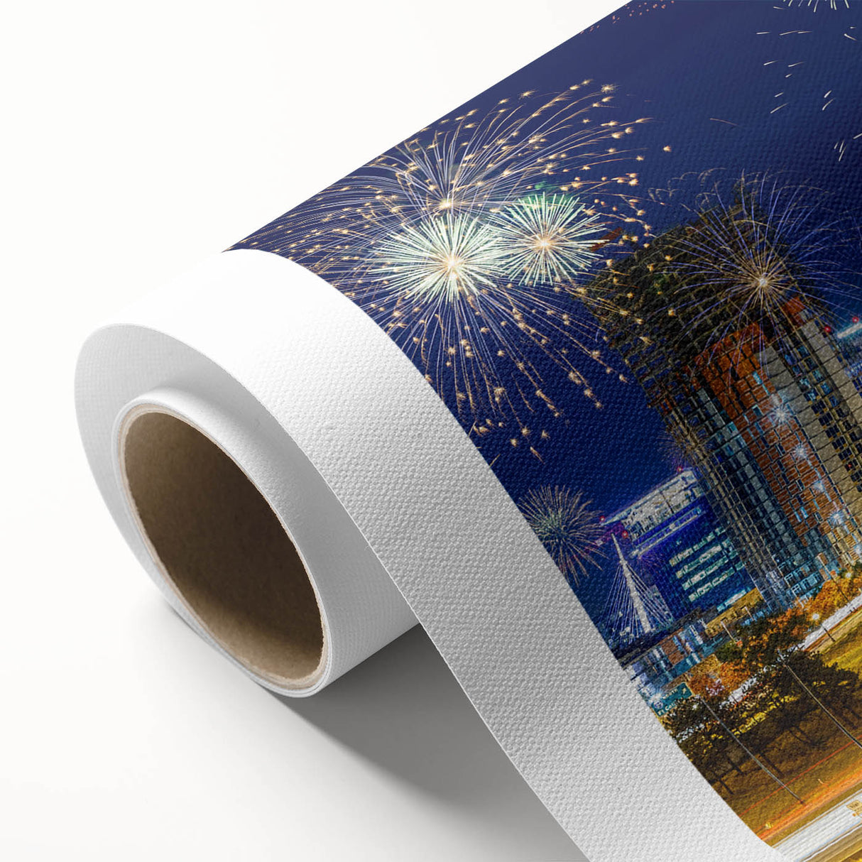 Art deco poster of Denver skyline in pastel shades on rolled canvas, ideal for nursery wall art.