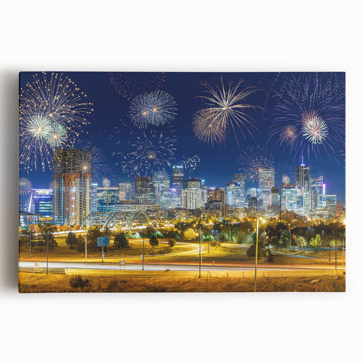 Black and white stretched canvas featuring a large Denver skyline, suitable as kitchen wall art.