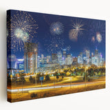 Denver skyline on stretched canvas with muted blue and gray tones, ideal for kitchen wall art.