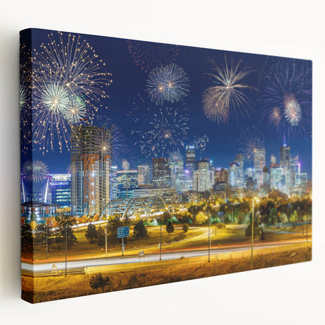 Denver skyline on stretched canvas with muted blue and gray tones, ideal for kitchen wall art.