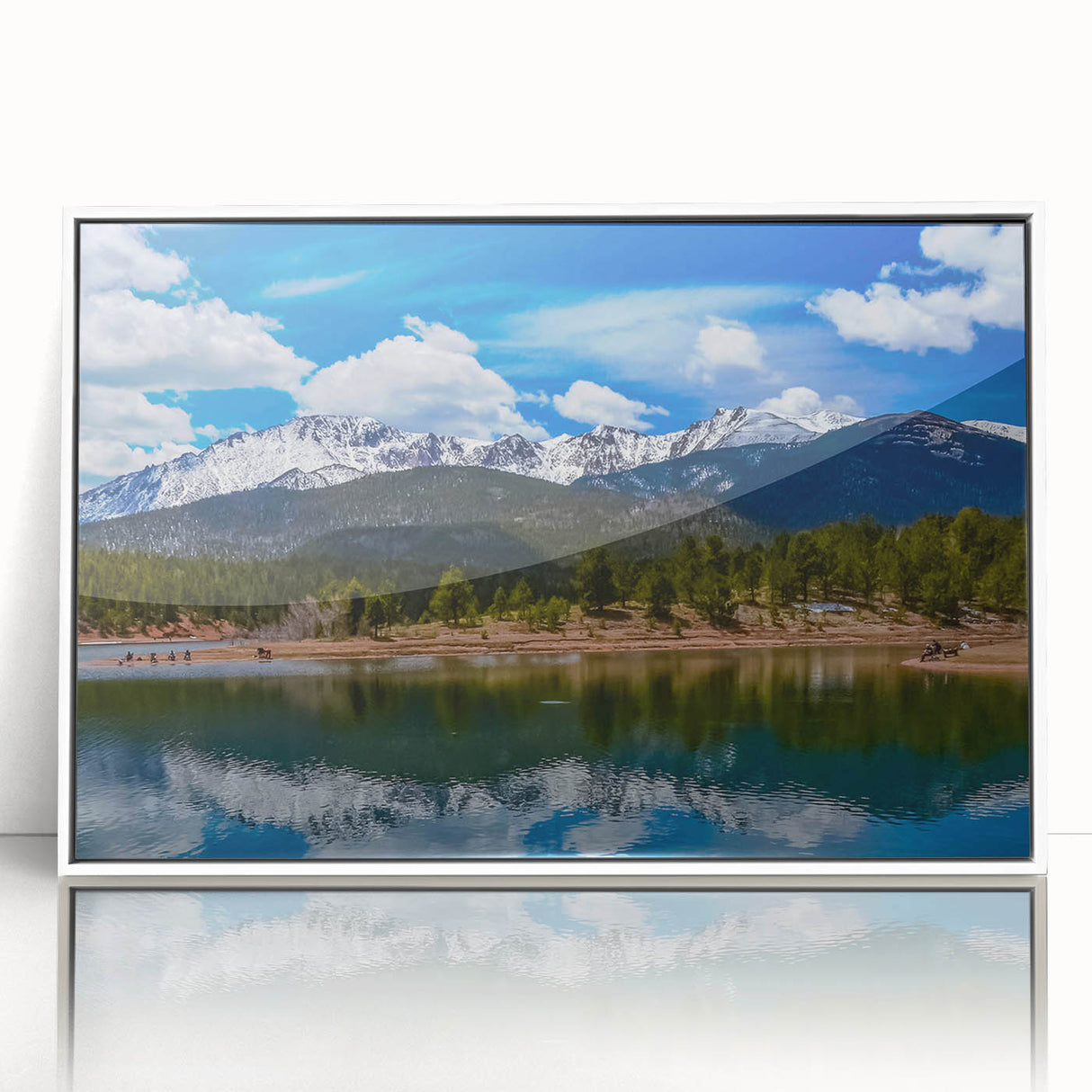 Framed acrylic print of Colorado Springs scenery in art deco style with soft pastel colors, suitable for nursery wall art.