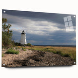 Acrylic glass print of a Connecticut landscape in muted earth tones, ideal for dining room decor.