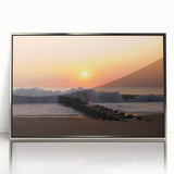 Mid-century modernist art depicting Delaware scenery in muted gray and blue tones on a framed acrylic.