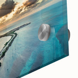 Large abstract wall art featuring vibrant ocean and sky tones on acrylic glass, ideal for dining room ambiance.