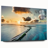Acrylic print of a large abstract depiction of the Florida Keys in blue and turquoise tones.