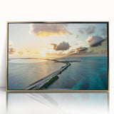 Acrylic print of Florida Keys scenery in gold frame, featuring mid-century modernist style, ideal for nursery wall art.