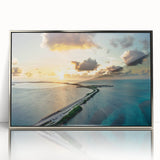 Mid-century modernist art depicting the Florida Keys in pastel shades on a silver-framed acrylic print.