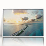 Art Deco style poster of Florida Keys scenery in muted teal and coral hues, framed acrylic, ideal for modern art wall decor.