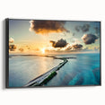 Black and white framed canvas featuring a vintage-style landscape of the Florida Keys, ideal for bedroom wall decor.