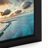 Extra large framed canvas featuring a textured depiction of the Florida Keys in black with colorful accents.