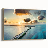 Framed canvas of a vintage-style landscape painting of the Florida Keys, featuring muted blue and green tones.