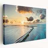 Side view of a stretched canvas featuring a serene Florida Keys landscape in soft blue and green tones.