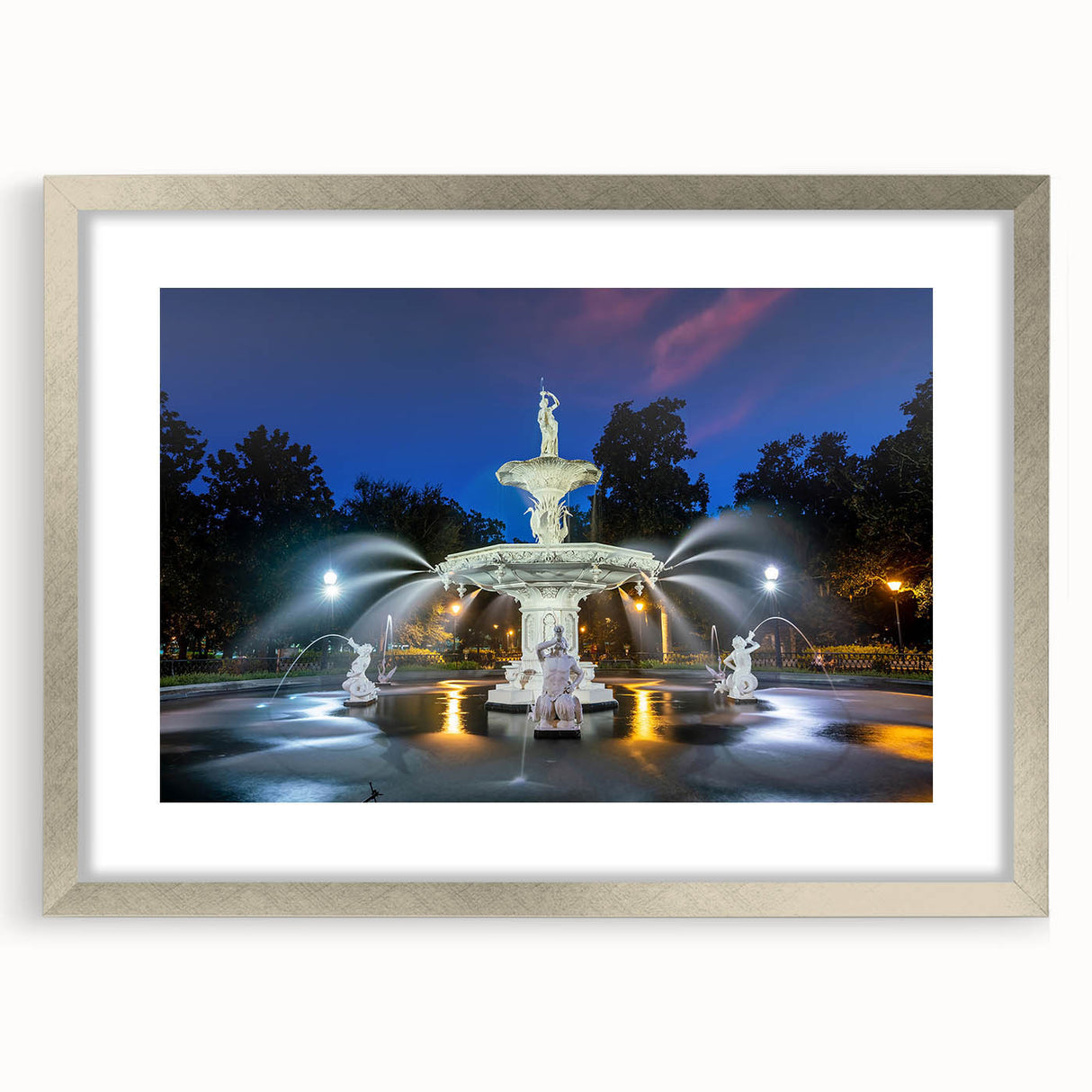 Textured abstract art print of Savannah scenery in muted earth tones on a silver-framed mat, suitable for bedroom decor.
