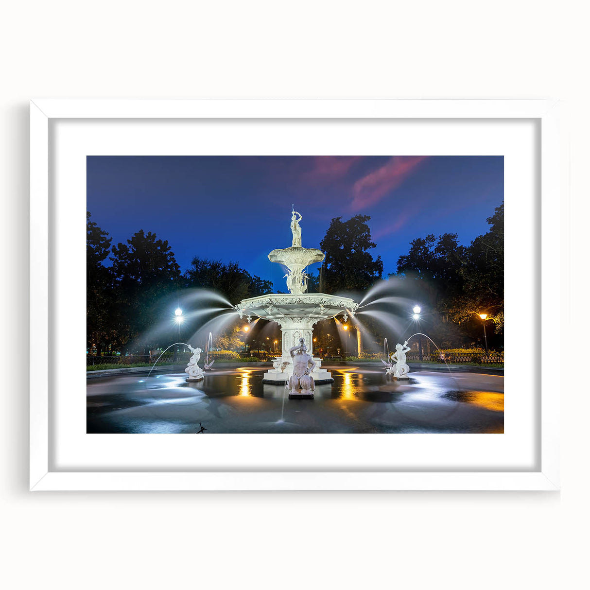 Abstract art print of Savannah landscape in muted green and blue tones on a framed white mat, suitable for dining room decor.