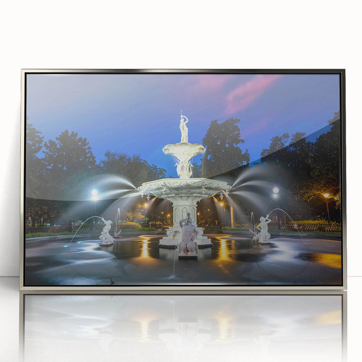 Mid-century modernist art depicting Savannah, Georgia scenery in muted earth tones on a silver-framed acrylic print.