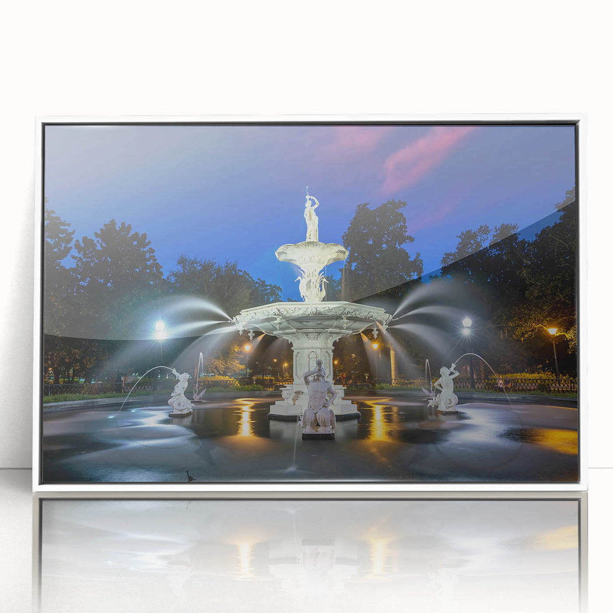 Art deco poster of Savannah, Georgia, with acrylic frame, displaying pastel colors, ideal for modern nursery wall art.