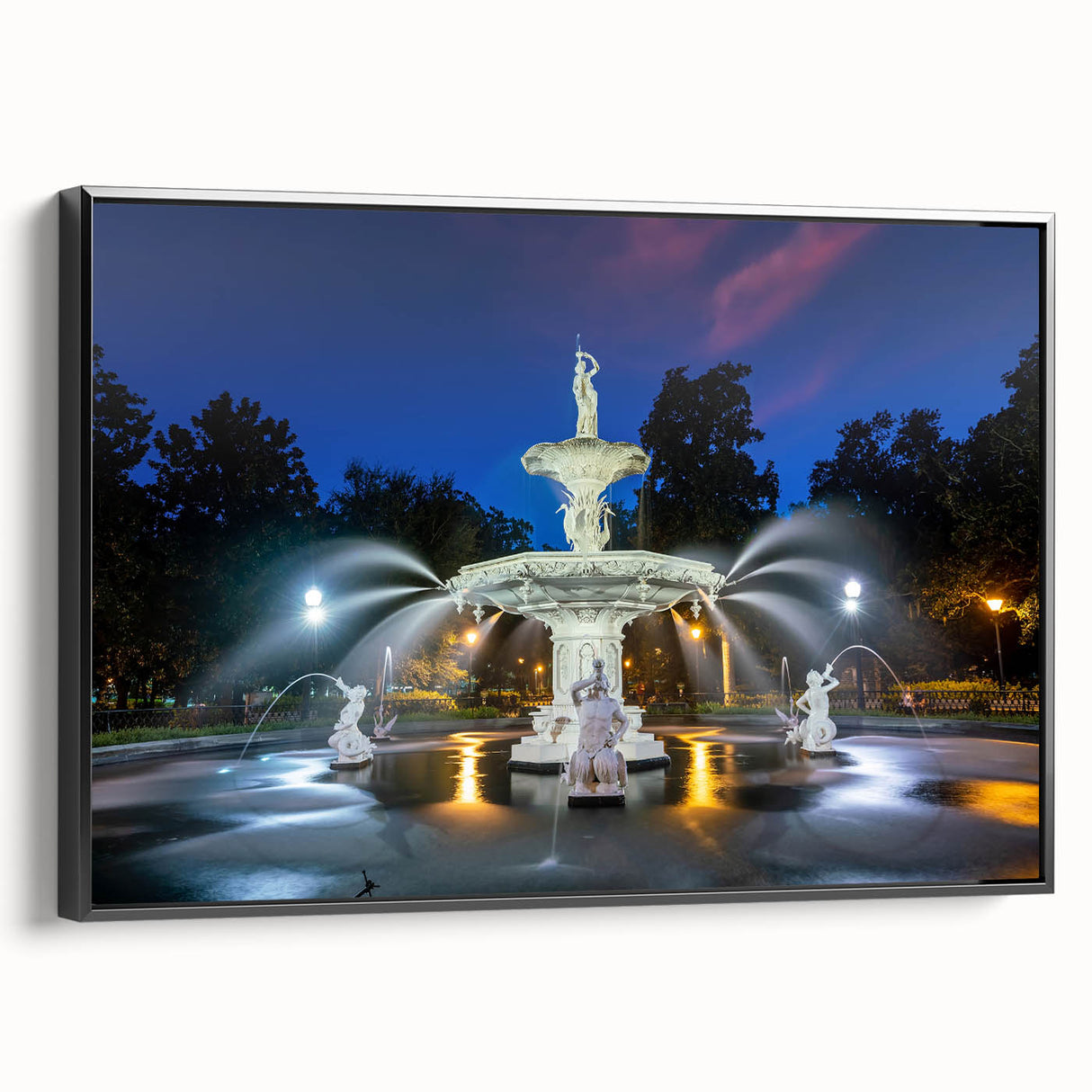 Black and white framed canvas of Savannah landscape, vintage poster style, ideal for bedroom decor.