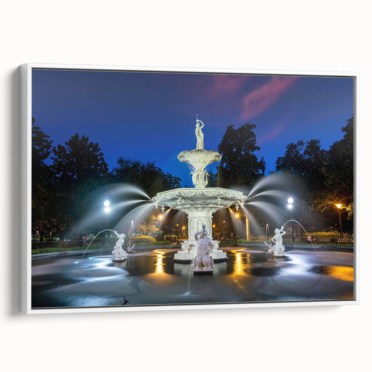 Framed canvas of vintage poster art featuring colorful Savannah, Georgia scenery, ideal for living room decor.