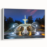 Framed canvas of vintage poster art featuring colorful Savannah, Georgia scenery, ideal for living room decor.