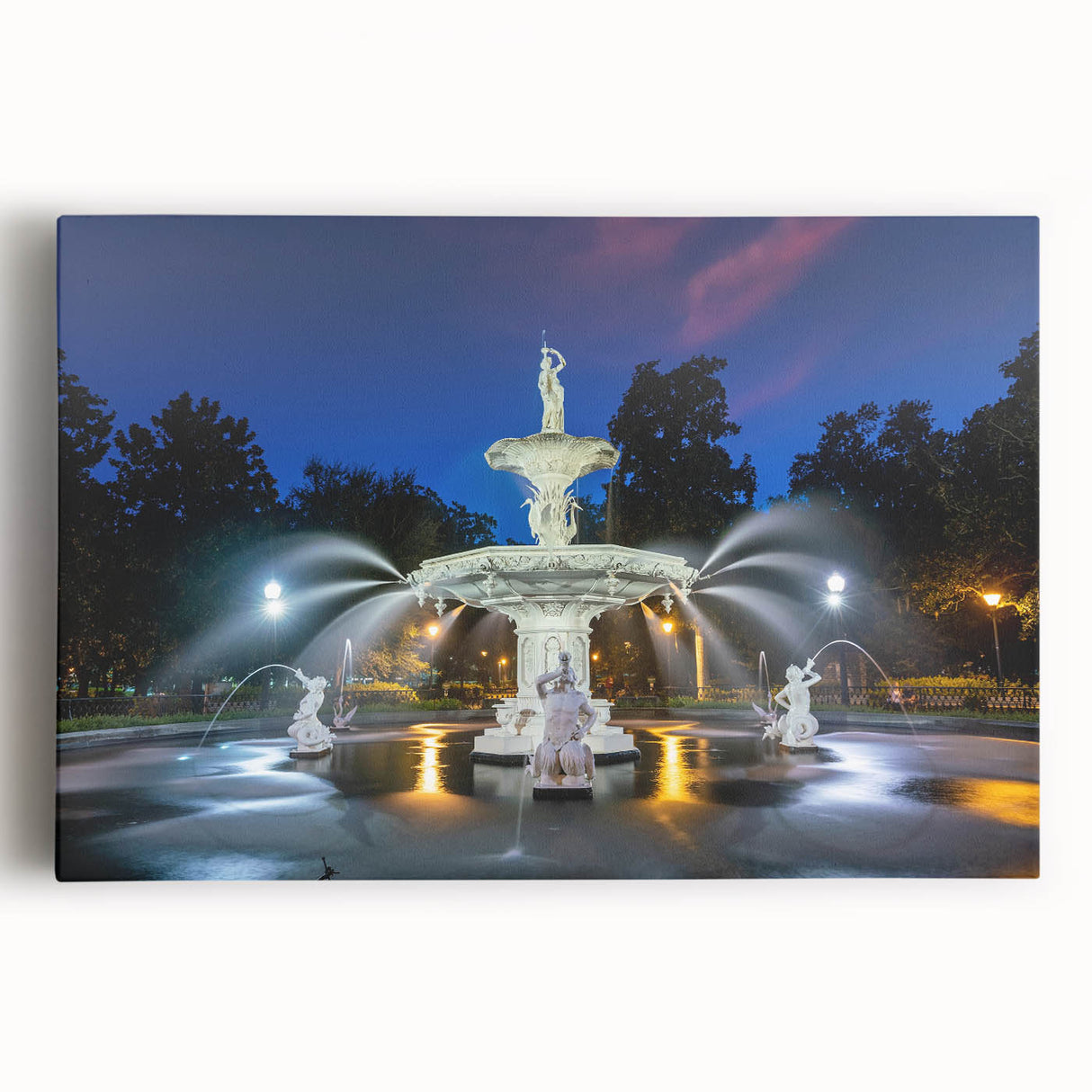 Black and white stretched canvas of Savannah, Georgia streetscape, ideal for kitchen wall art.