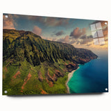 Acrylic print of a Kauai, Hawaii landscape in vibrant green and blue tones, ideal for dining room art.