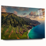Large abstract wall art of Kauai, Hawaii, in vibrant blue and green hues on acrylic glass.
