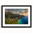 Abstract art print of a vibrant, colorful Kauai scenery on a large textured canvas, framed in black.