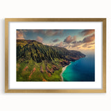 Extra large abstract art print of a textured Hawaiian landscape in muted earth tones, framed in gold.