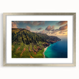 Textured art print of Kauai, Hawaii scenery in abstract style with silver frame, ideal for bedroom art.