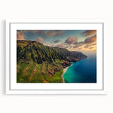 Abstract art print of Kauai's landscape in muted green and blue tones on a white-framed mat, ideal for dining room decor.