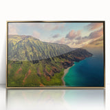 Large art print of Kauai, Hawaii landscape in mid-century modernist style, framed in gold acrylic.